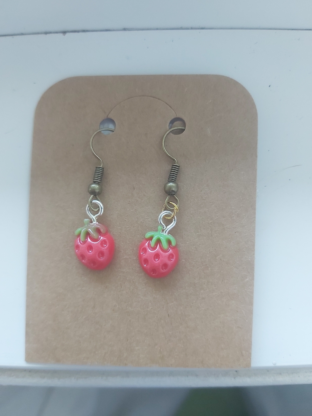 Pink Strawberry Dangle Earrings with Green Leaf Accent